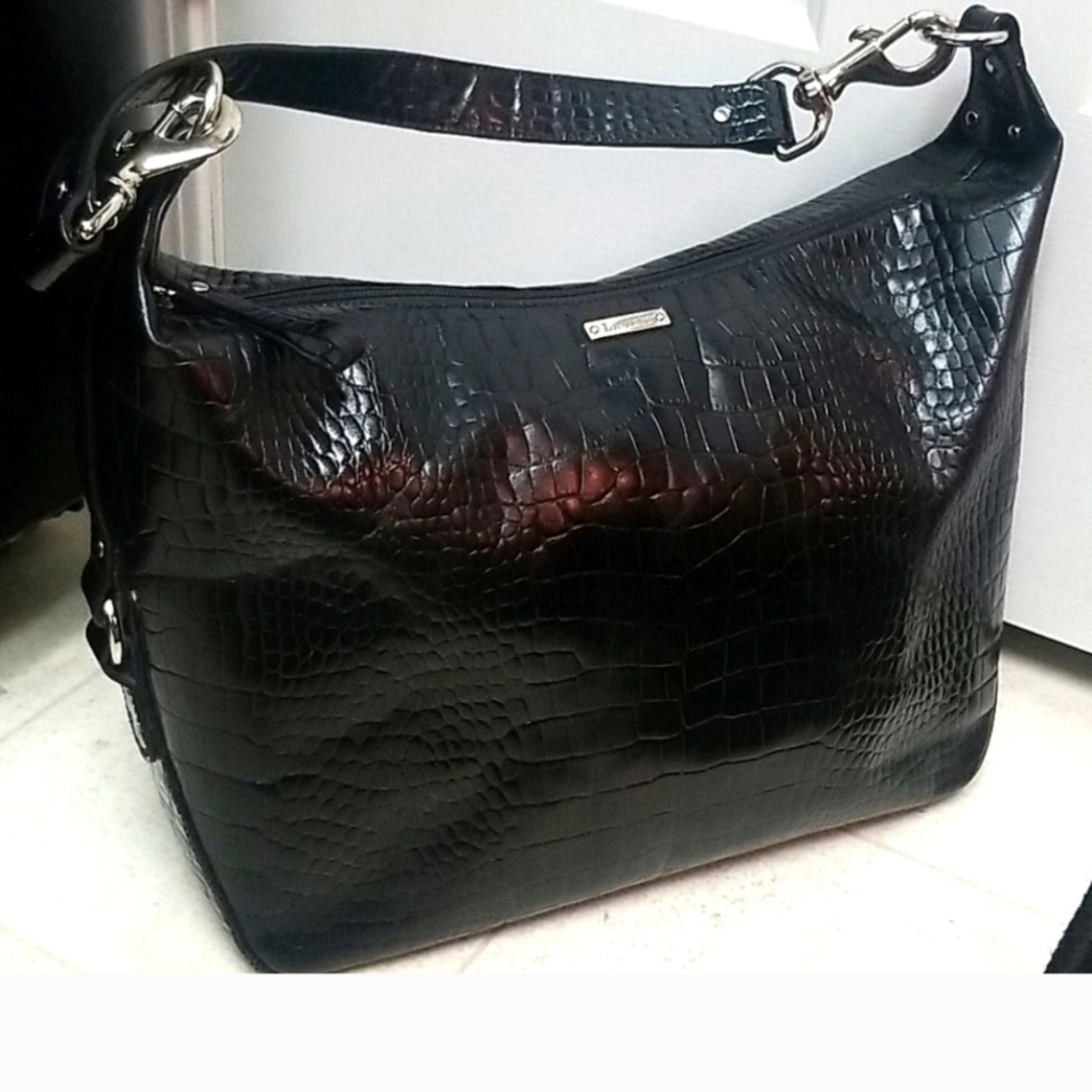 Lauren Ralph Lauren Black Croc-Embossed Shoulder Bag - Picture 3 of 11